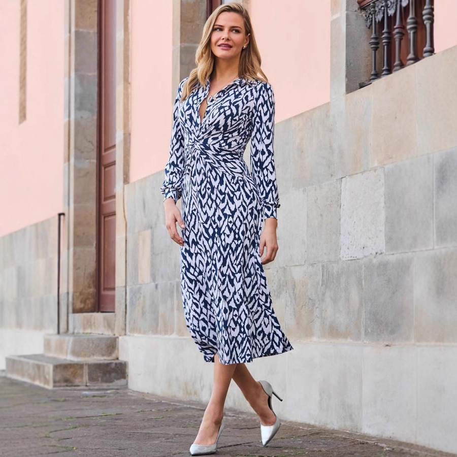 Women's Floral Print Button Twist Knot Slim Fit Long Sleeve Midi Dress