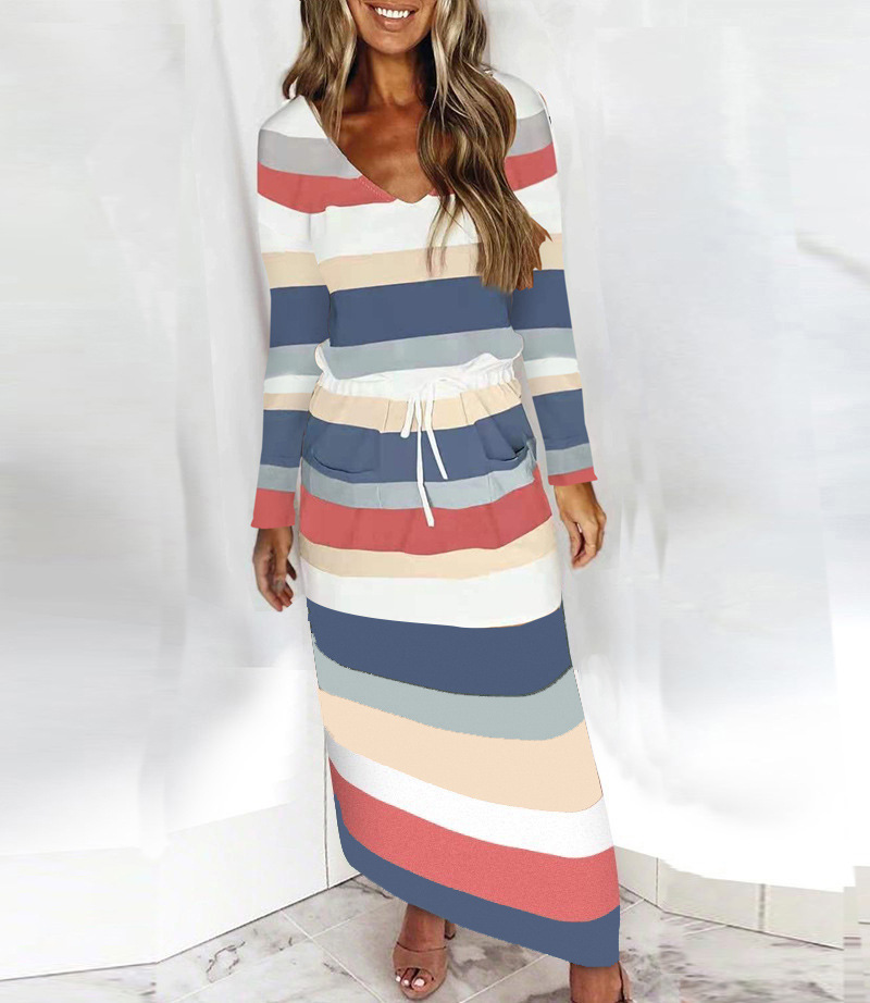 Women's V-Neck Striped Print Long Sleeve Loose Long Dress