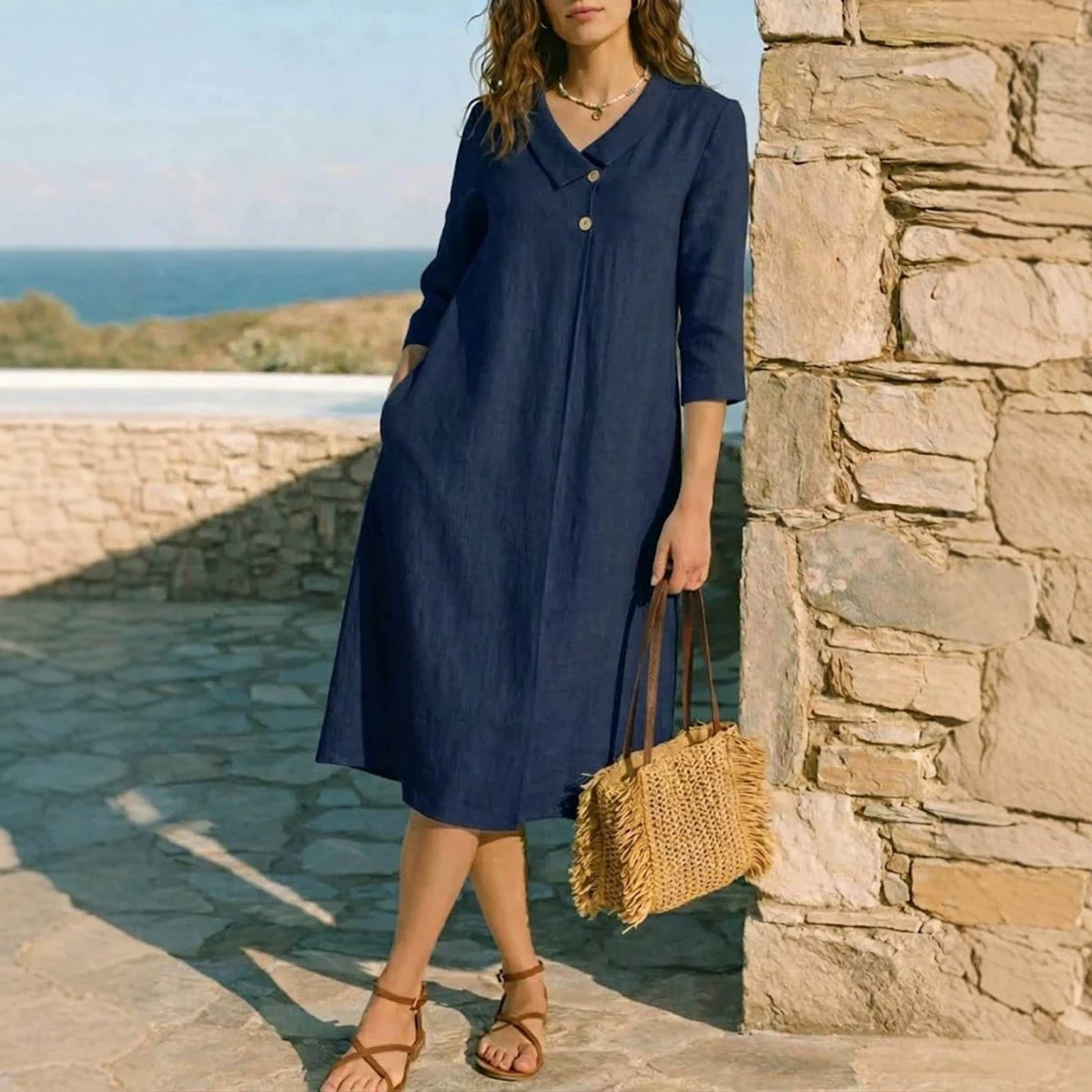 Women's Solid Color French Collar Midi Dress