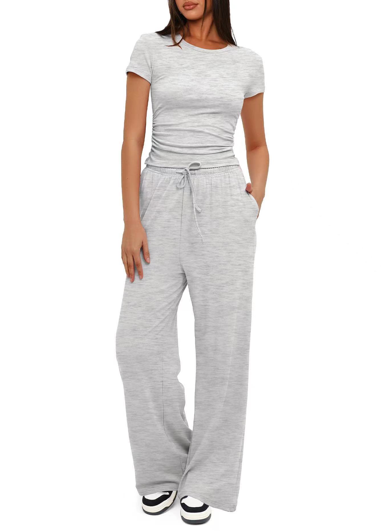 Solid Ruched Short Sleeve Top and High Waist Wide Leg Pants Set