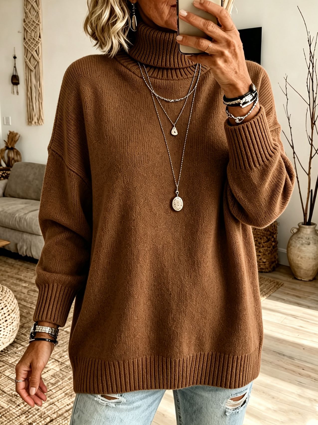 Women's Turtleneck Sweater Loose Knit Pullover Soft Thickened Base Layer