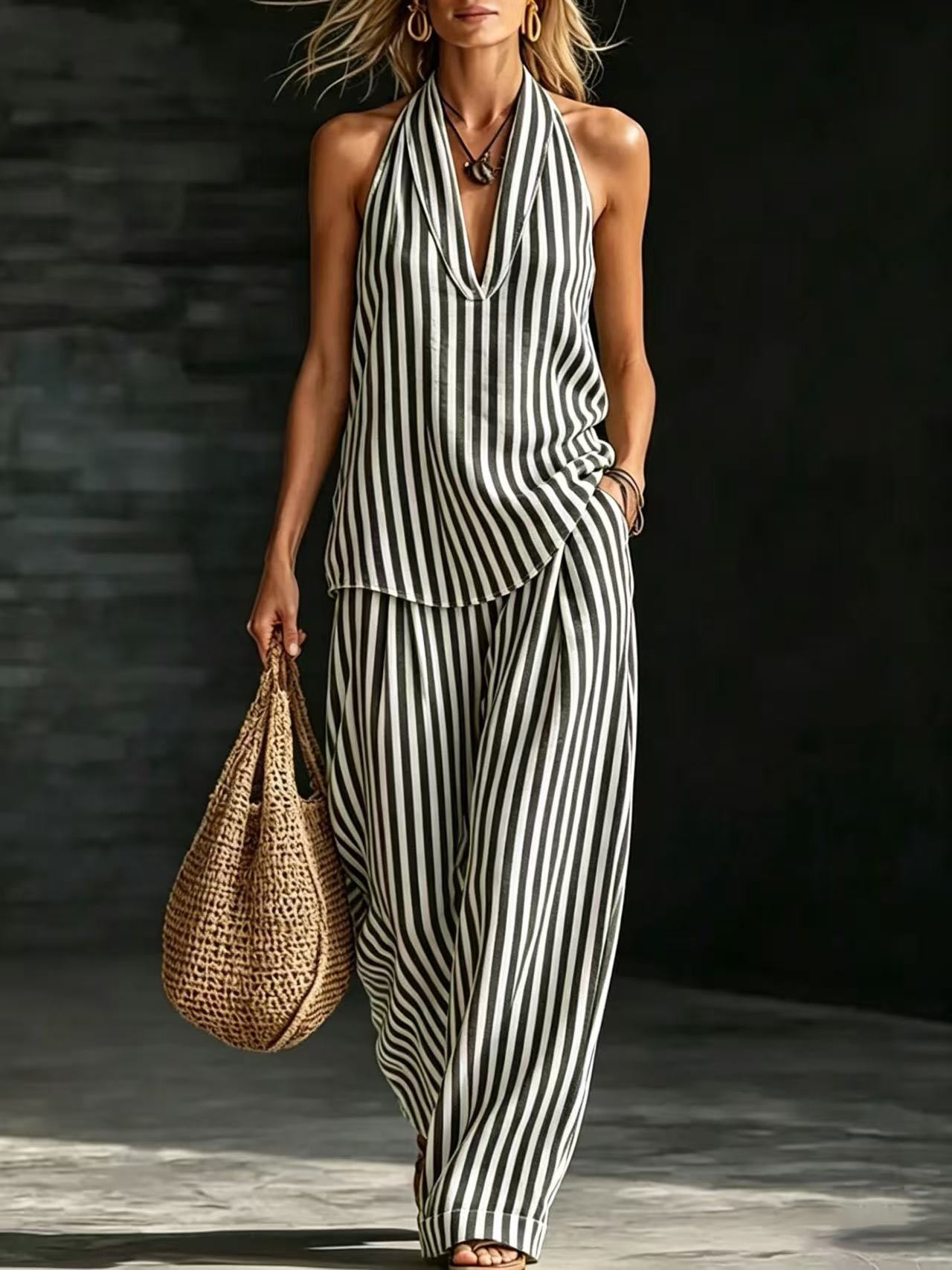 Striped Wide-Leg Pants Two-Piece Set Sleeveless Vest Women's