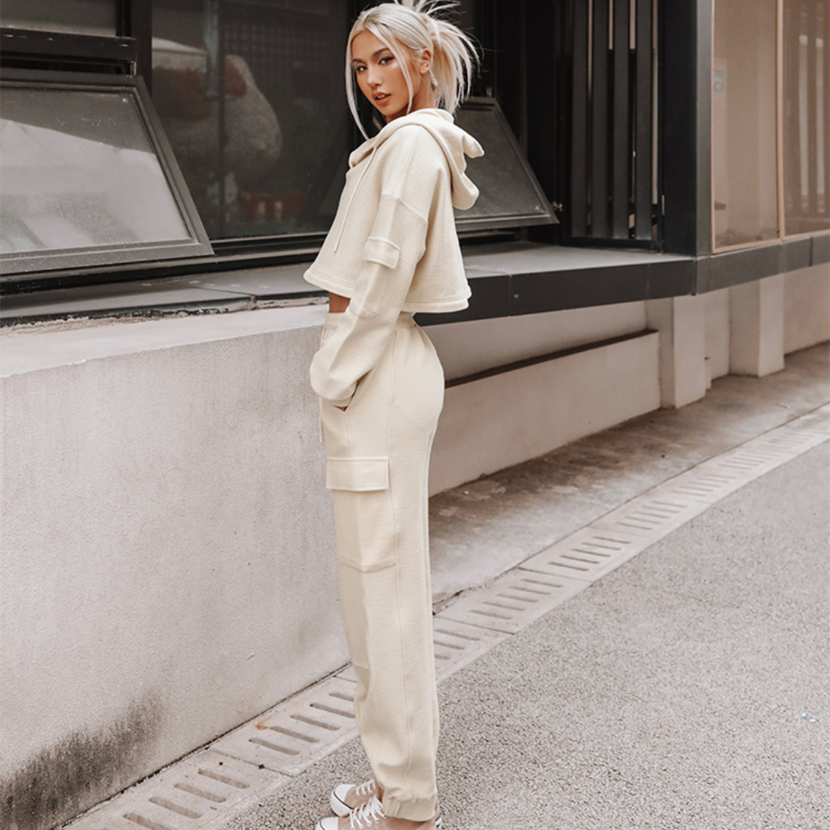 Women's Long Sleeve Hooded Pocket Casual Two-Piece Sweatsuit Set