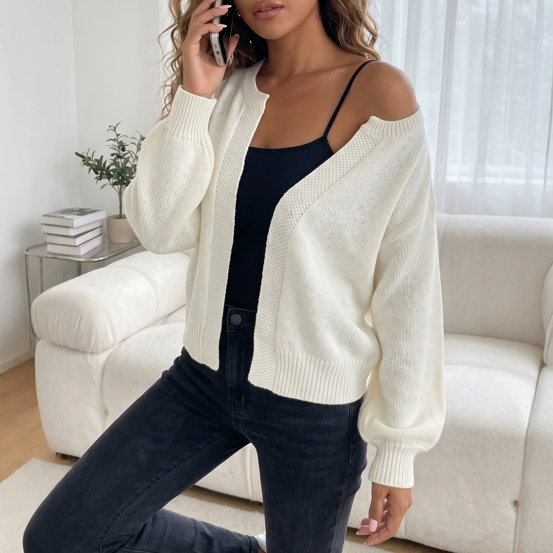 Women's Retro Relaxed Knit Cardigan Long Sleeve Open Front Sweater