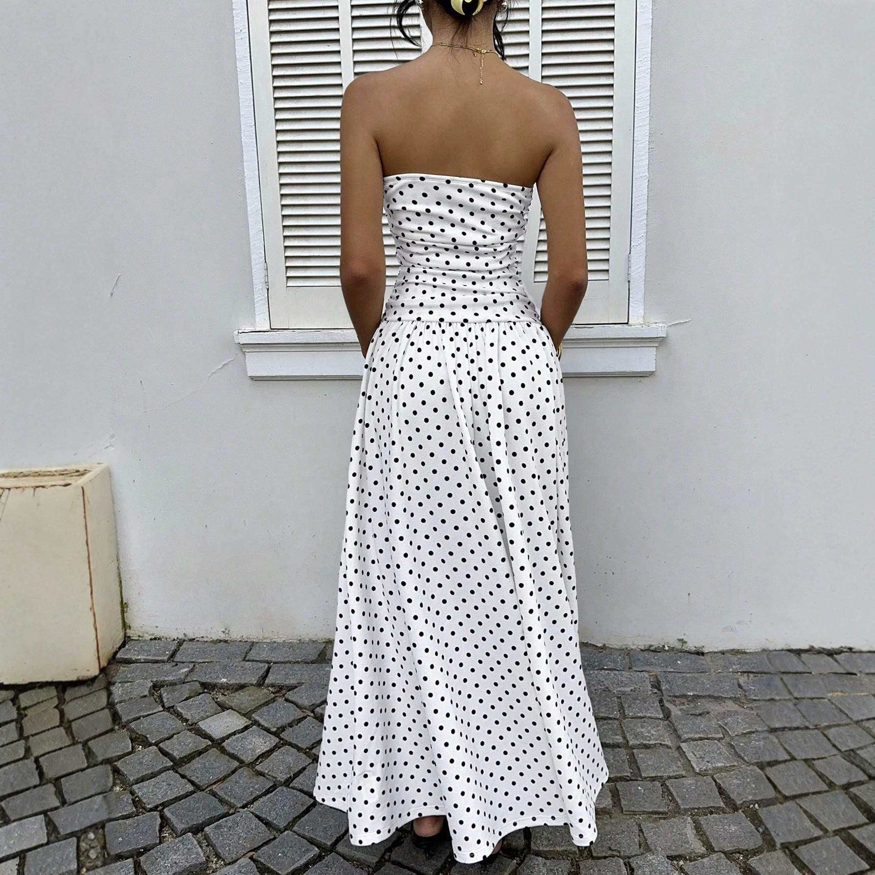 Sexy Off-Shoulder Polka Dot A-Line Dress with Waist-Cinching