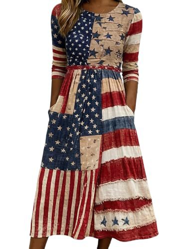 Women's Star Print Pleated Midi Dress Short Sleeve Crew Neck Slim Fit