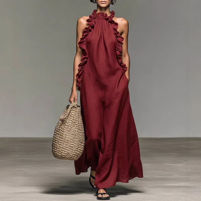 Women's Loose Fit Solid Color Halter Neck Dress with Pockets and Ruffle Hem