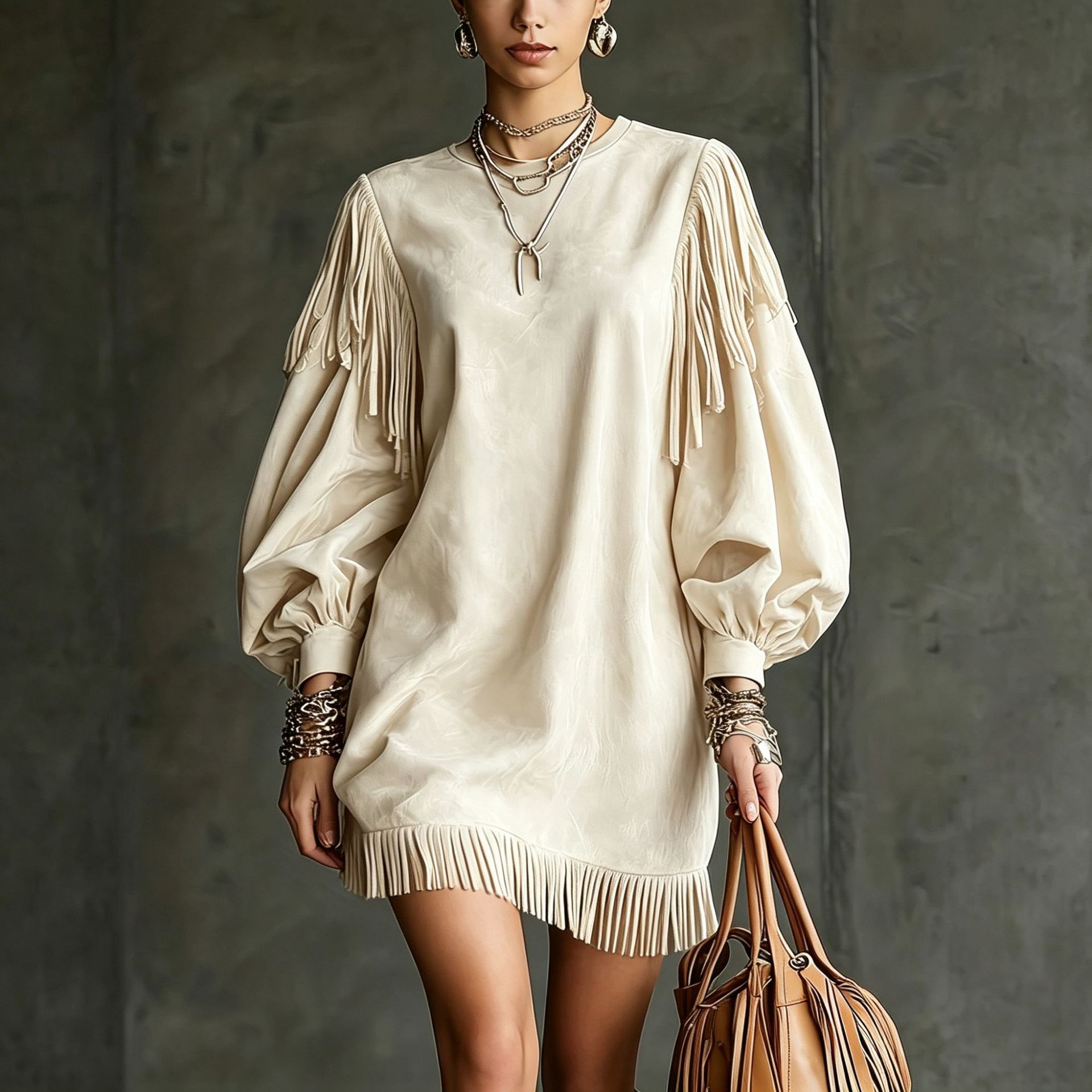 Women's Tassel Lantern Sleeve Short Dress - Loose Fit, Round Neck, Polyester Blend