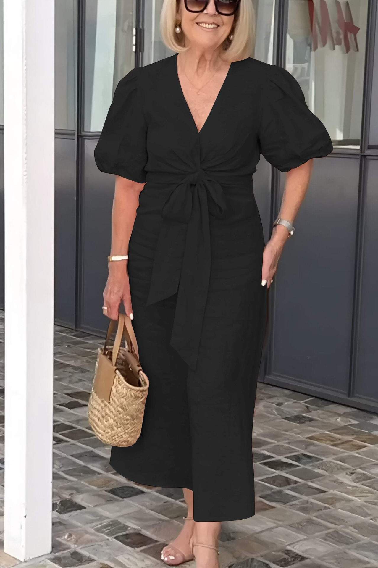 V-Neck Tie-Front Bubble Sleeve Cotton Dress