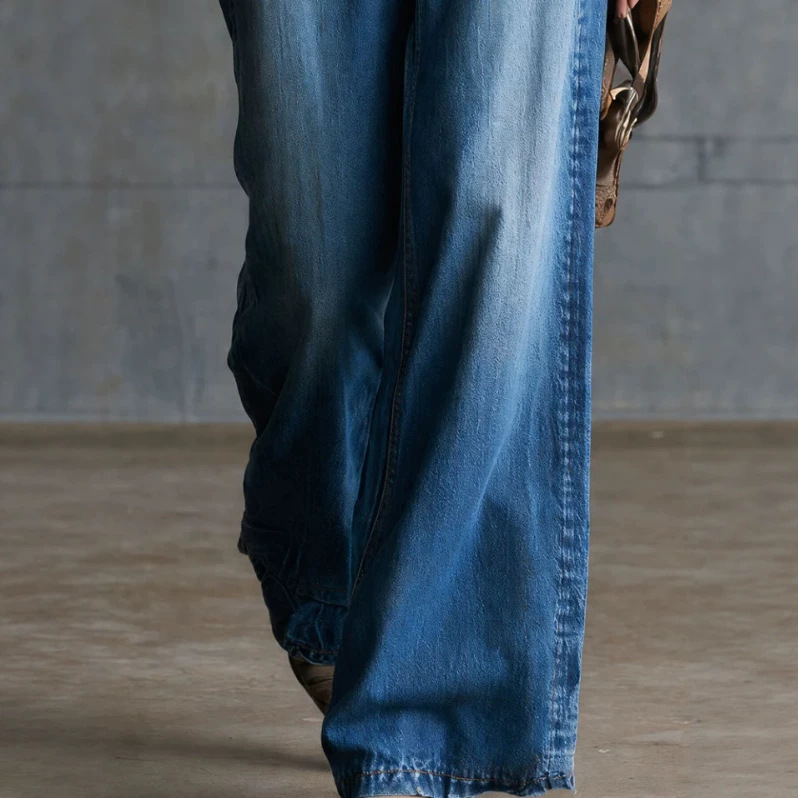 Retro Striped Collar Blue Button Denim Jumpsuit