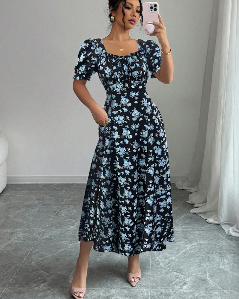 Elegant Short Sleeve Ruffle Dress with U-Neck and Puff Sleeves