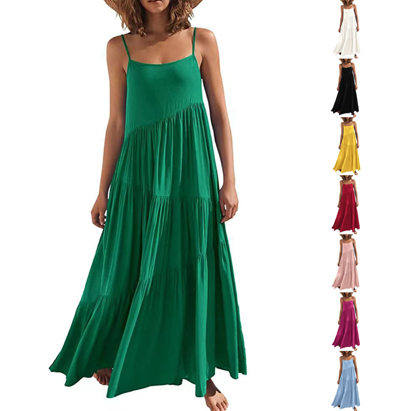 Women's Summer Loose Solid Pleated Sleeveless Halter Long Dress