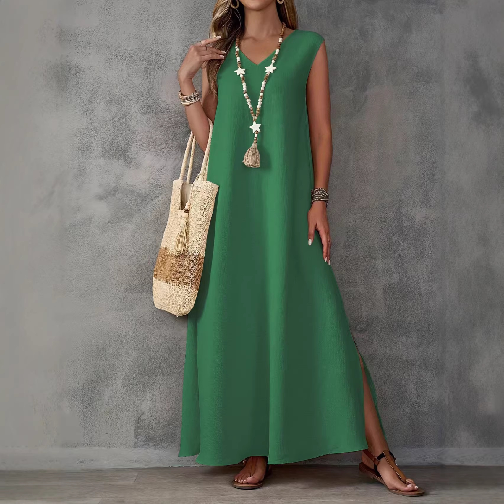 Women's Sleeveless V-Neck Side Slit Long Dress Elegant