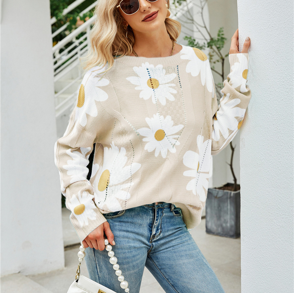 Plus Size Sunflower Knit Sweater Crew Neck Pullover