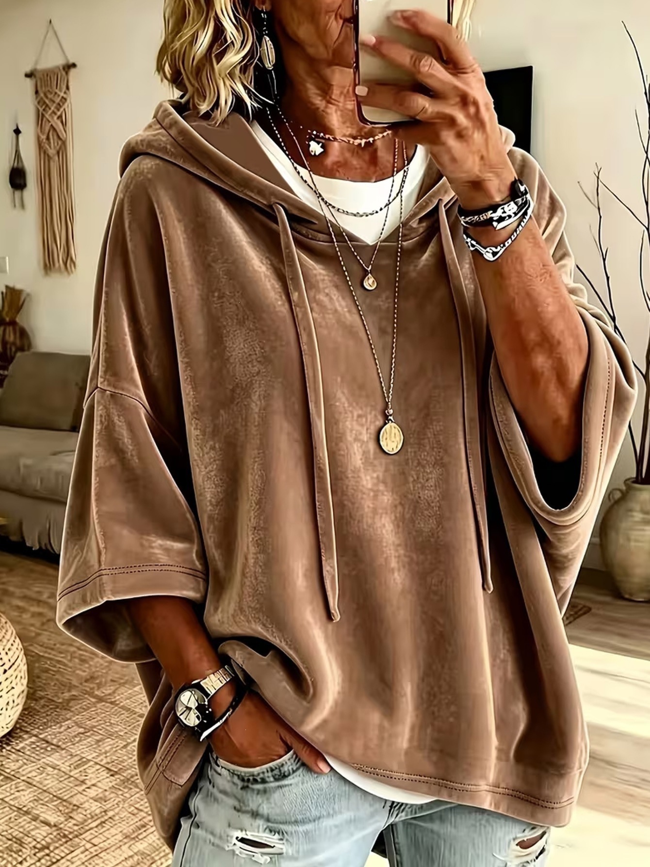 Women's Solid Velvet Hooded Sweatshirt Pullover