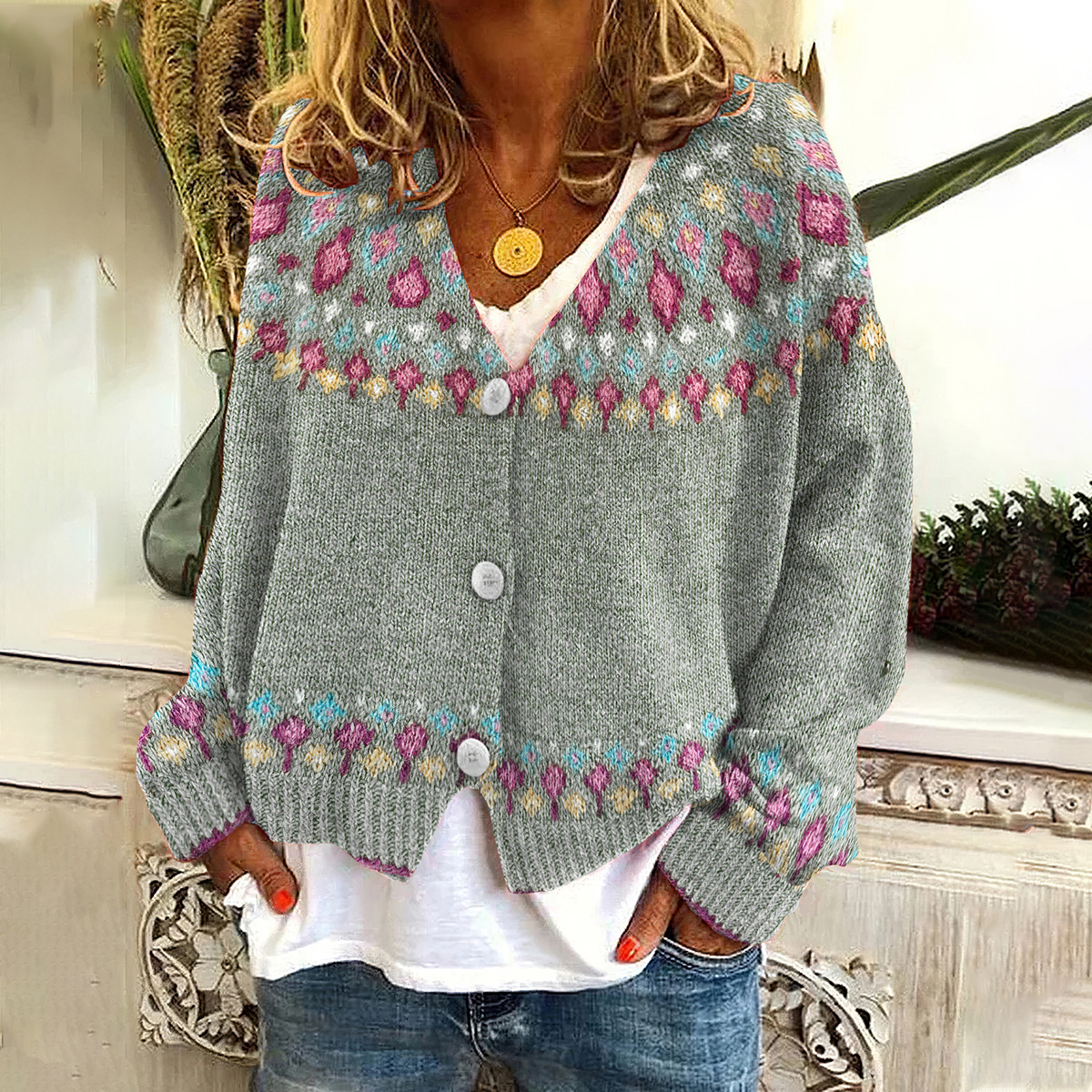 Abstract Print Open-Front Cardigan Sweater