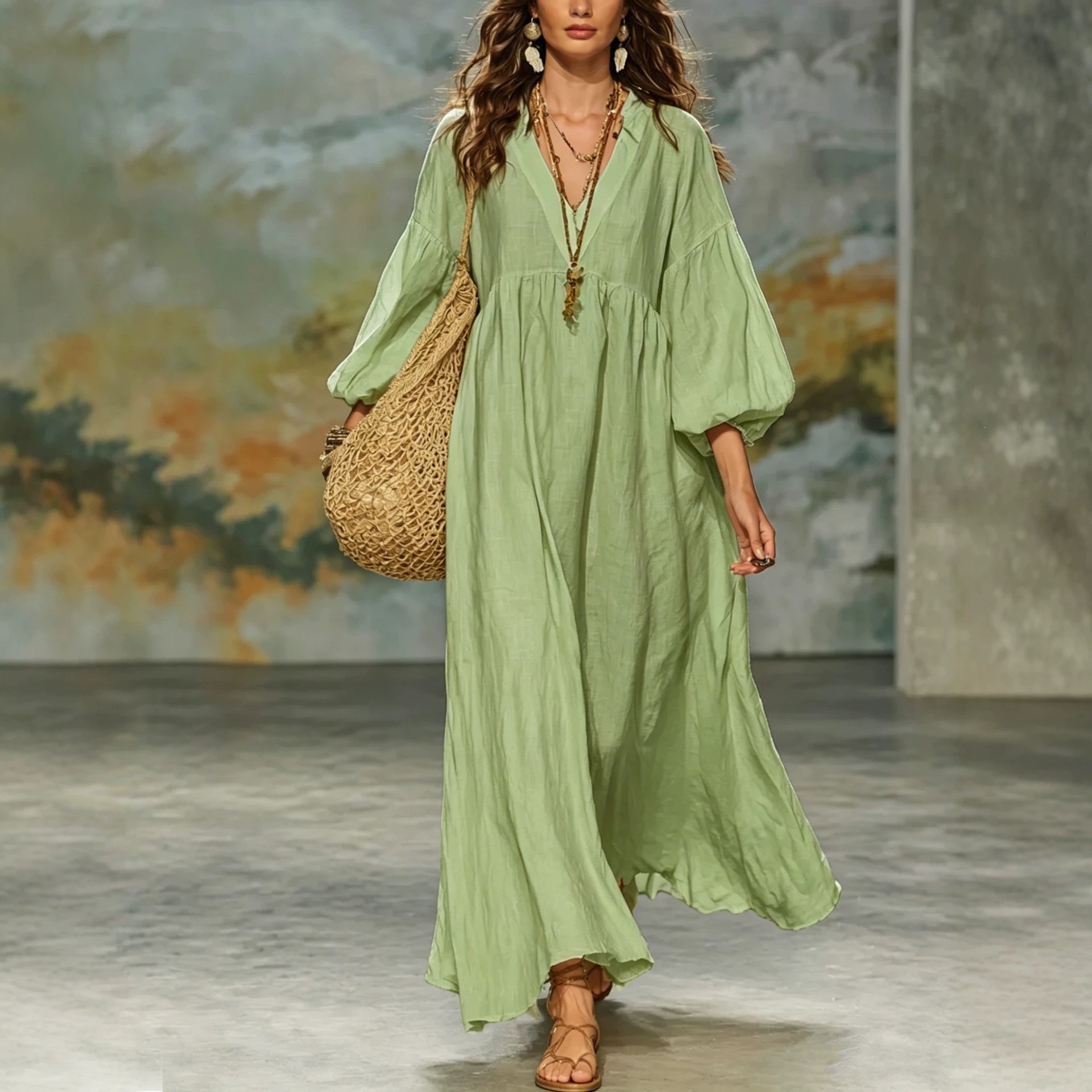 Boho Deep V Lantern Sleeve Maxi Dress