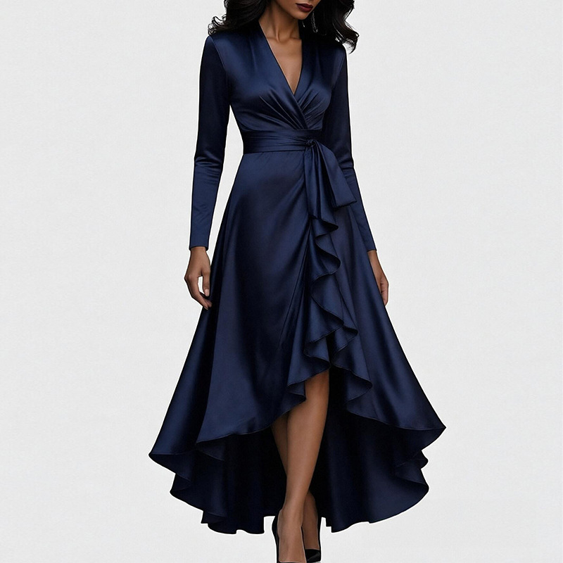 Women's Deep V-Neck Tie-Waist Long Dress Elegant Solid French Style