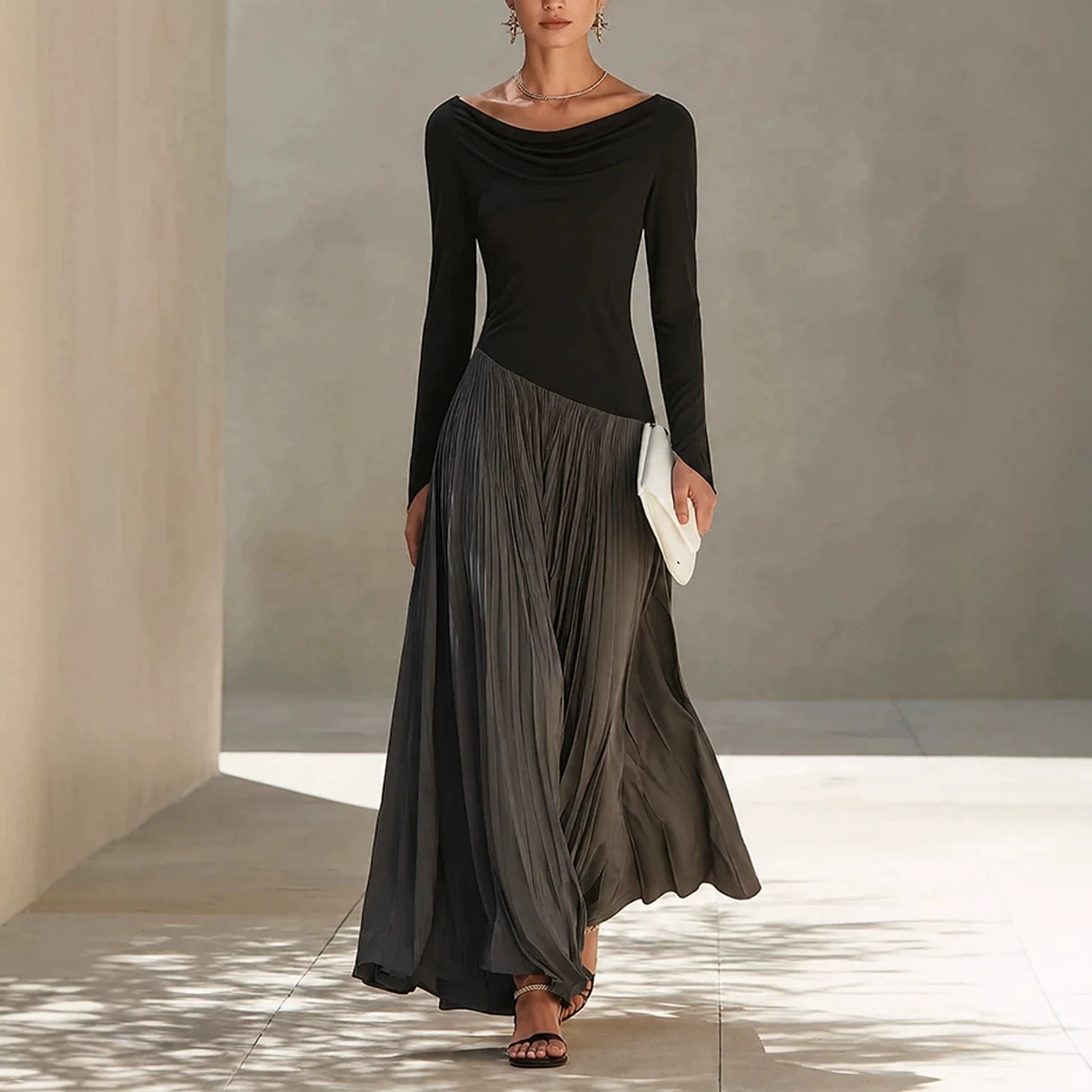 Color-Block Draped Neck Long-Sleeve Maxi Dress with Pleated Flared Skirt