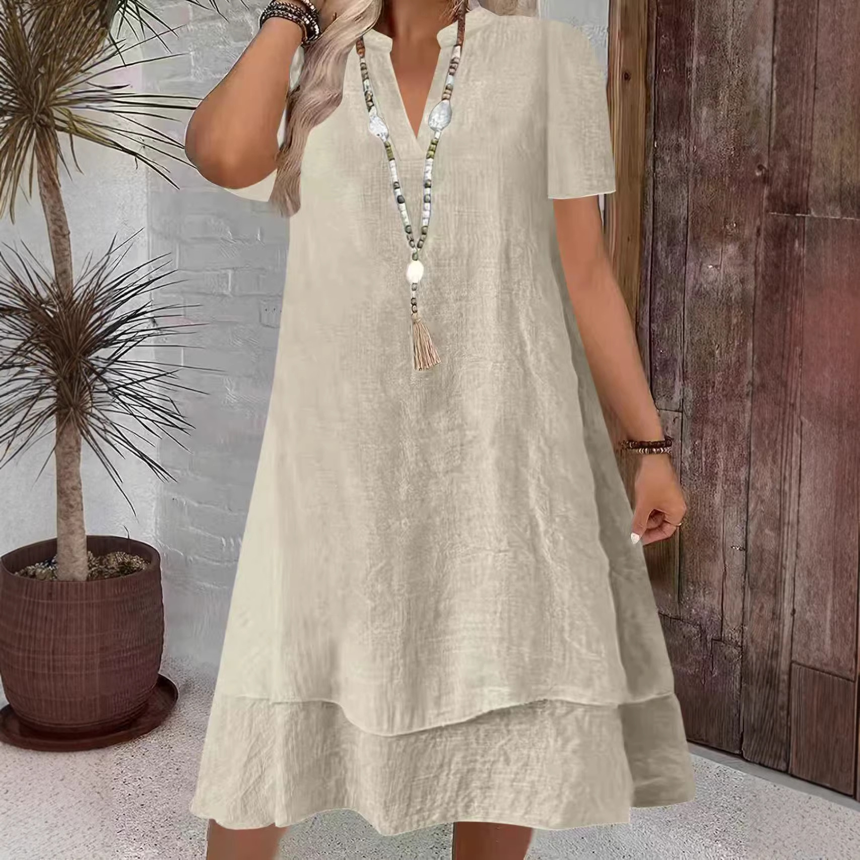 Women's Short Sleeve V-Neck Tiered Midi Dress Casual Loose Solid