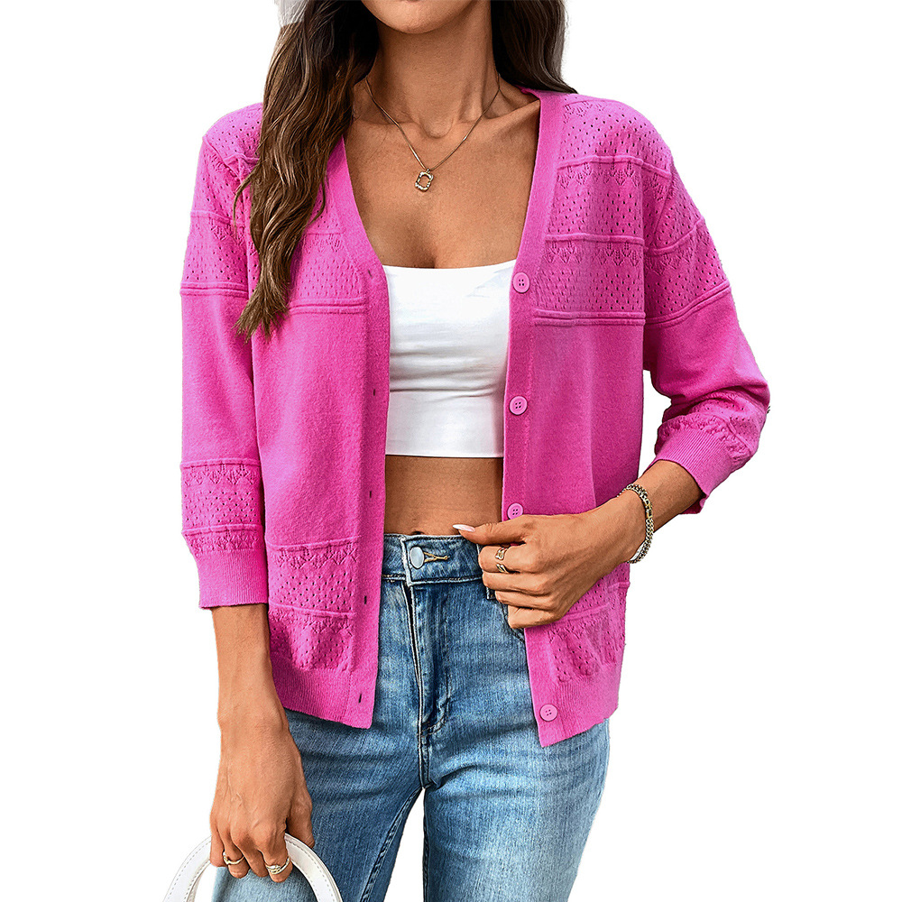 Women's Lightweight Openwork Knit V-Neck Cardigan with Three-Quarter Sleeves