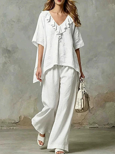 Women's V-Neck Loose Cotton Blend T-Shirt and Pants Set Casual Two-Piece Outfit