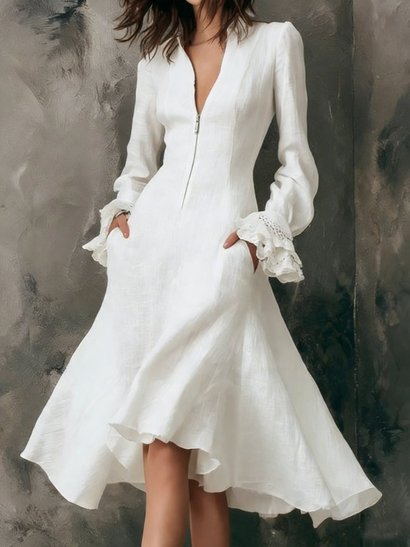 Elegant Minimalist Flare-Sleeve Midi Dress for Women