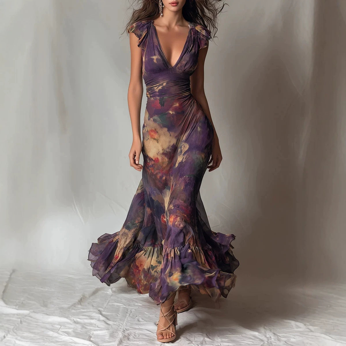 Deep V Ruffled Sleeve Purple Tie-Dye Print Mermaid Maxi Dress