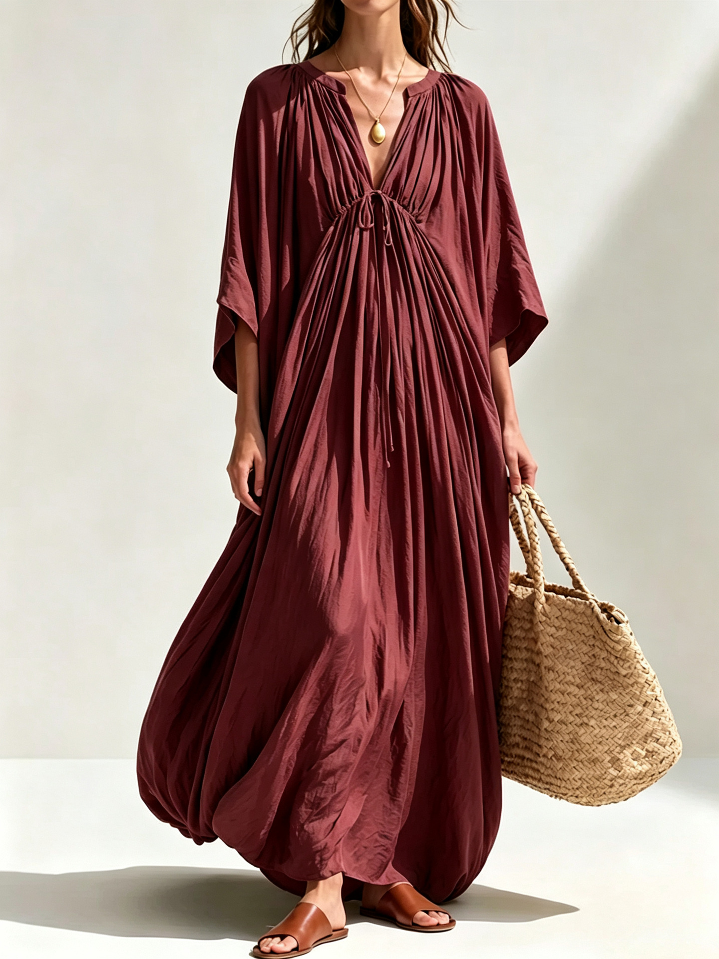 V-Neck Pleated Solid Color Loose Casual Dress
