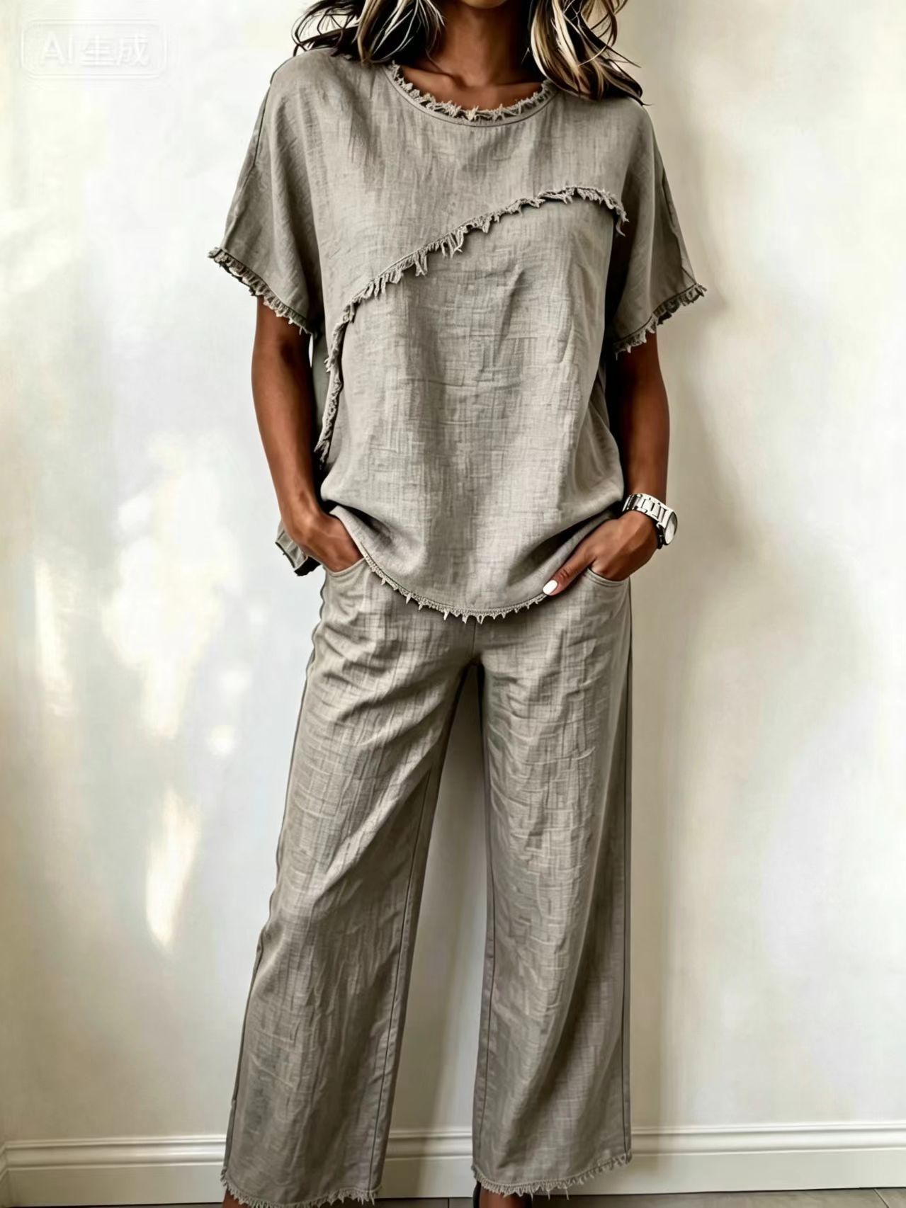 Women's Linen Two-Piece Set with Fringe Short Sleeve Top and Pants