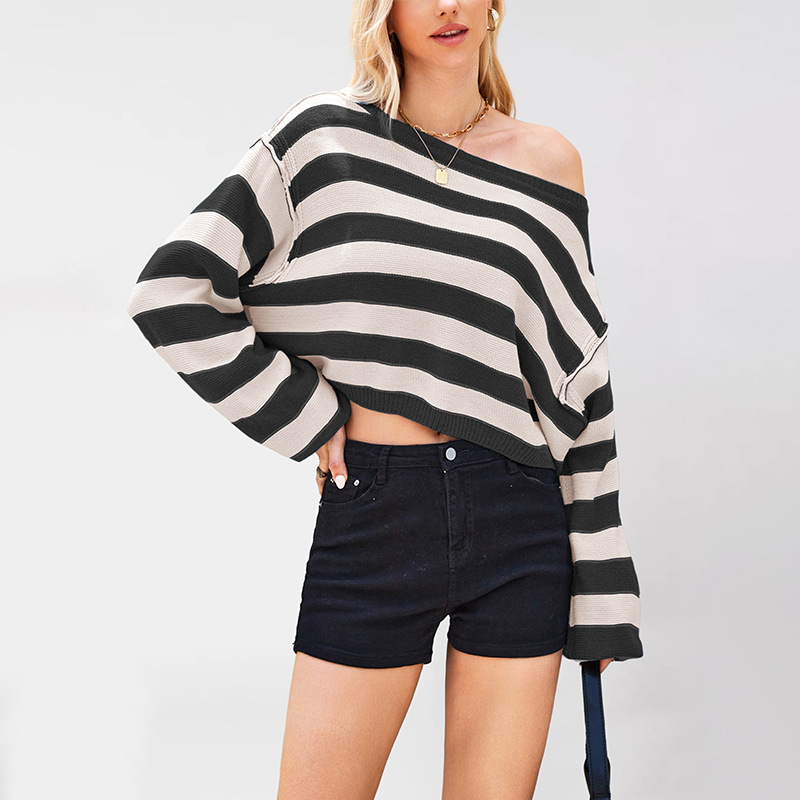 Striped Pullover Sweater Loose Short Knit Top