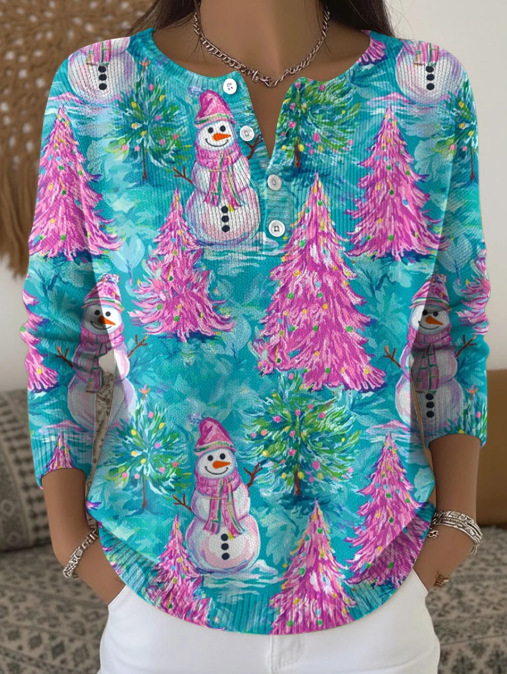 Women's Christmas Tree Snowman Scarf Print Button Sweatshirt