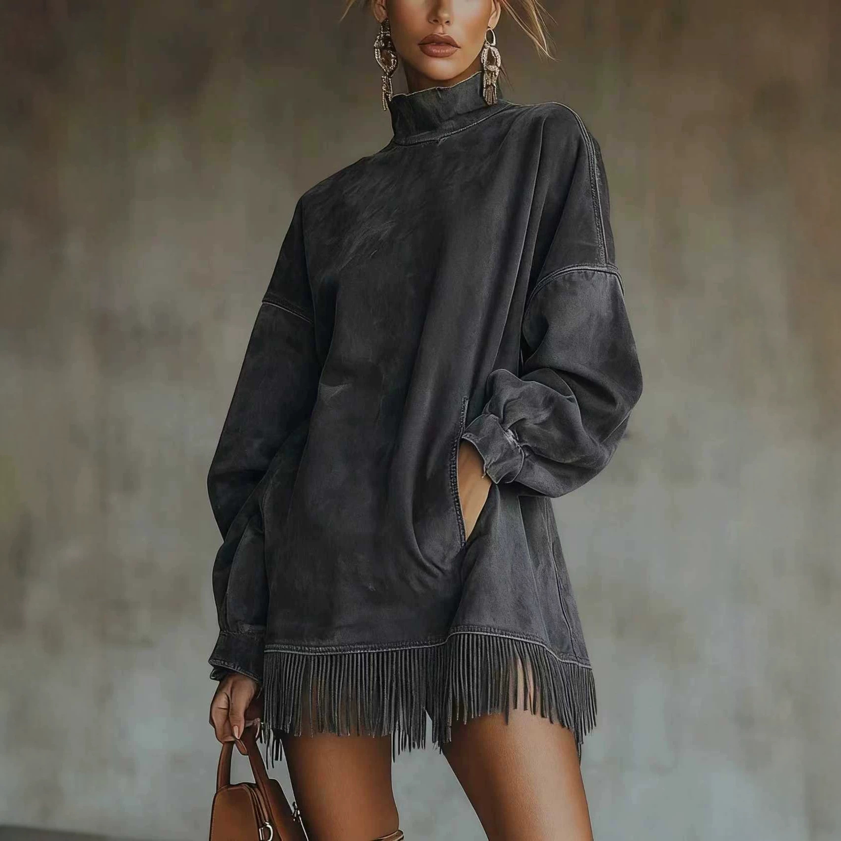 High Neck Faux Suede Tassel Long Sleeve Dress