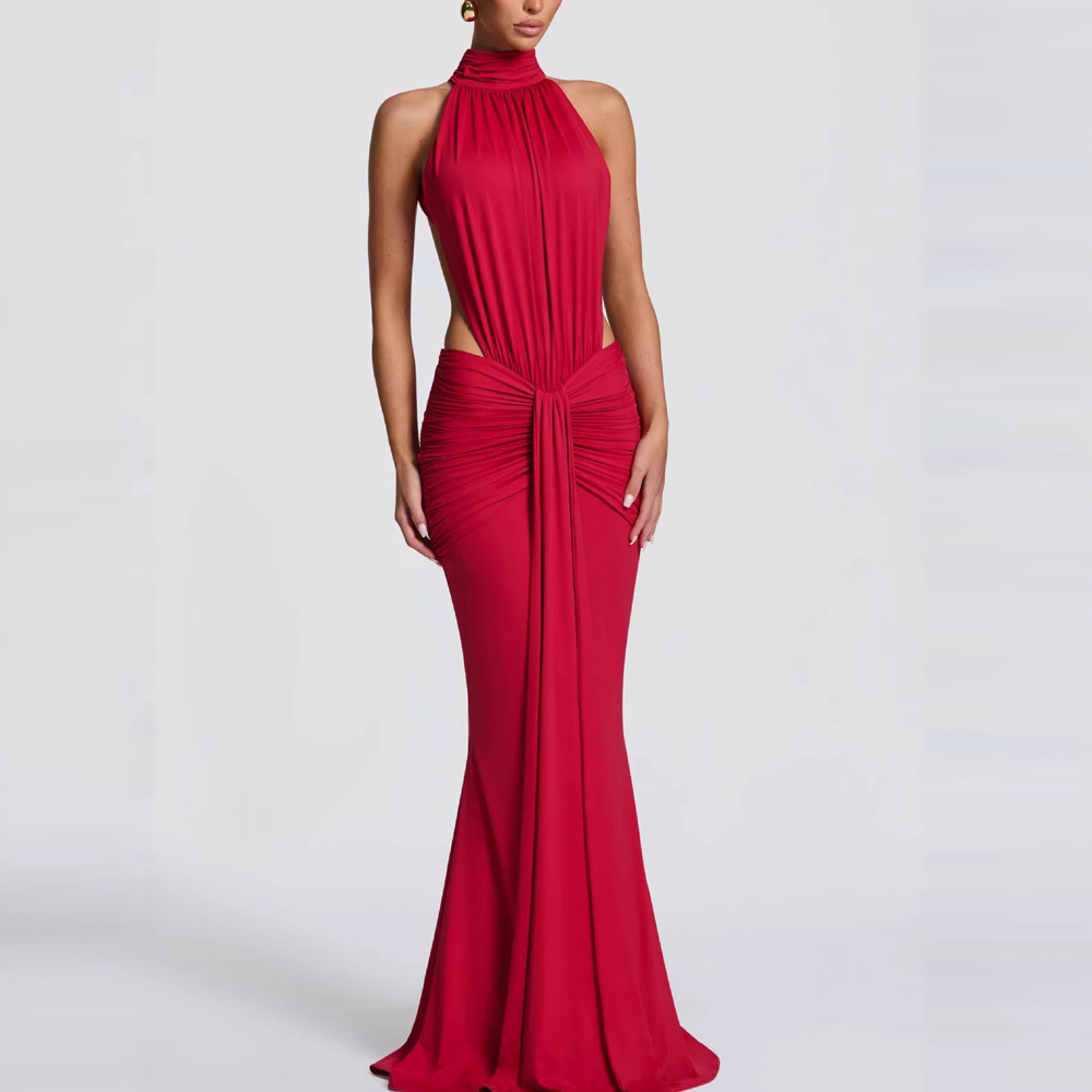 Women's Halter Neck Ruched Bodycon Maxi Dress High Neck Open Back Evening Gown
