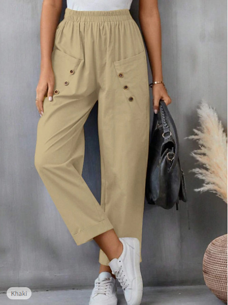 Women's Cotton-Linen Harem Pants Solid Color Elastic Waist Pockets
