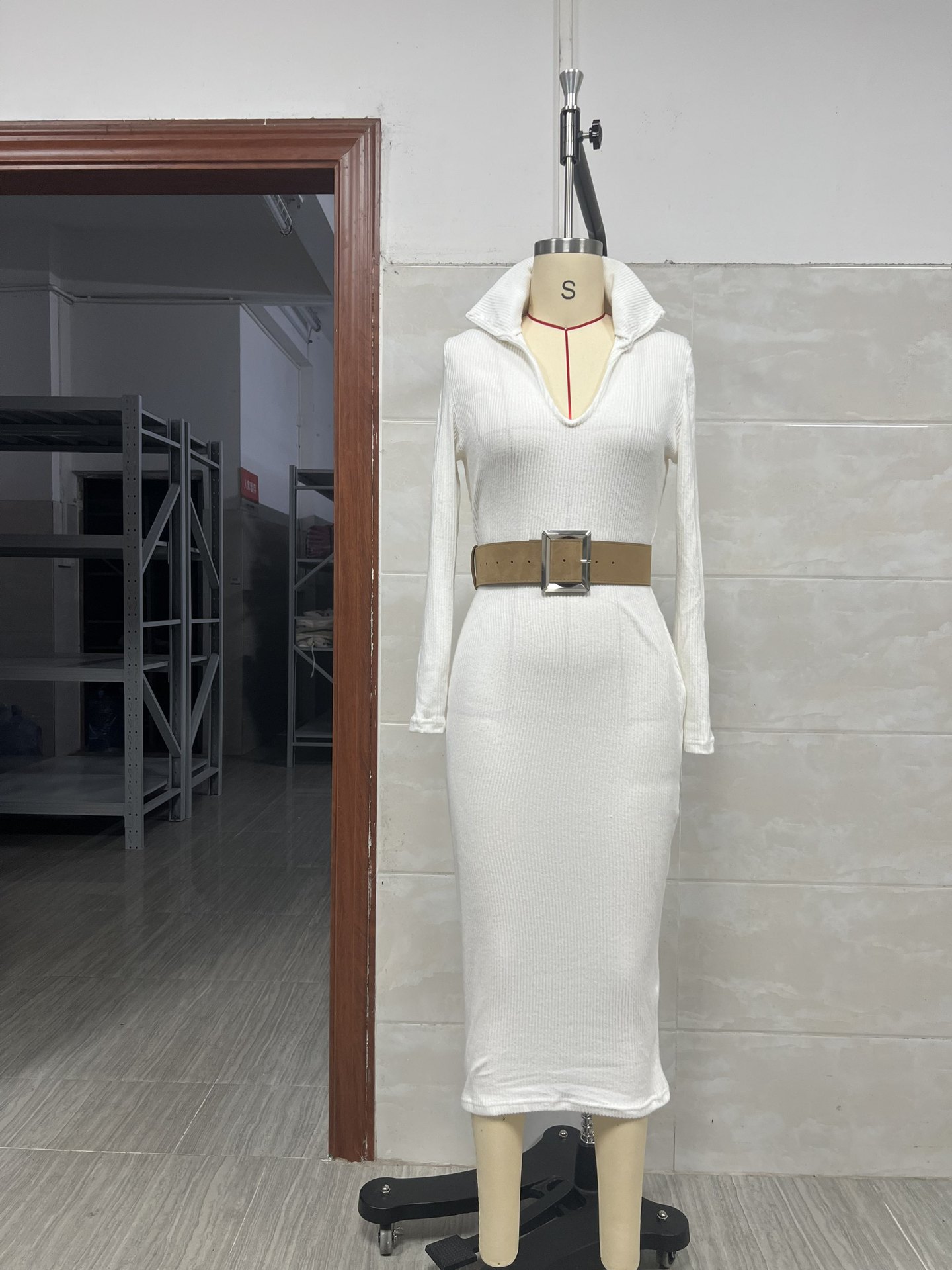 Women's Slim Fit Belted Midi Bodycon Dress High Neck Long Sleeve Knit