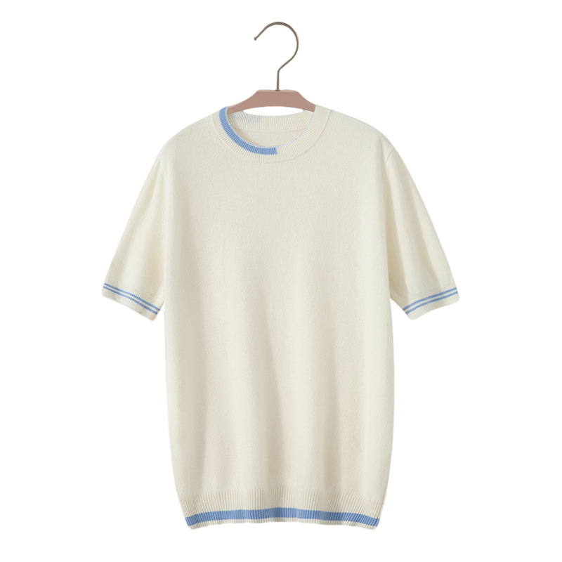 Color-Block Crewneck Short-Sleeve Knit Sweater