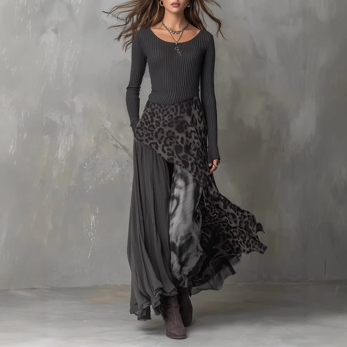 Leopard Print Elastic Waist Flowy Casual Dress