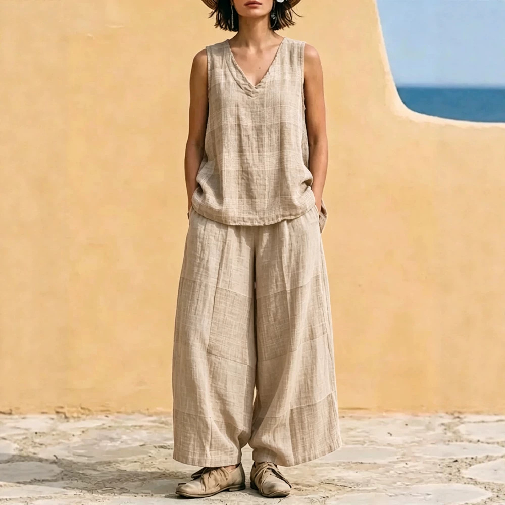 Women's Plaid Sleeveless Top and Wide-Leg Pants Two-Piece Set
