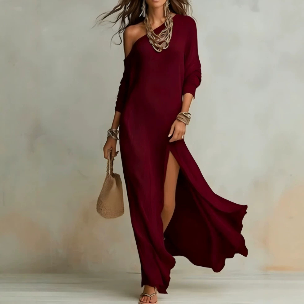 Elegant Long Sleeve Knit Pleated Slit Dress
