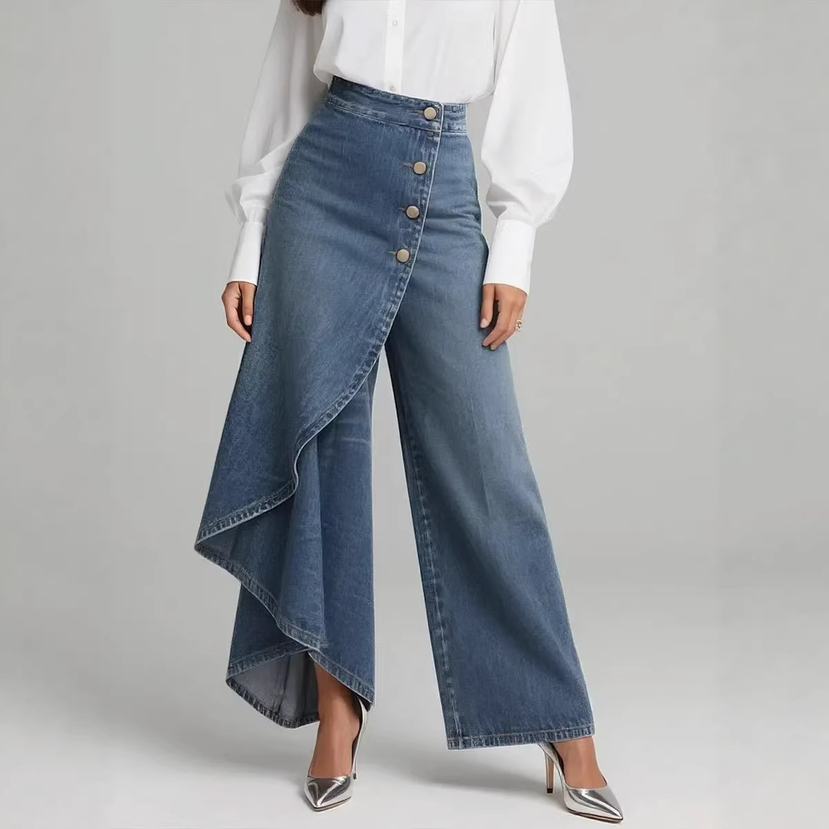 Women's Wide-Leg Faux Denim Print Pants with Button Fly