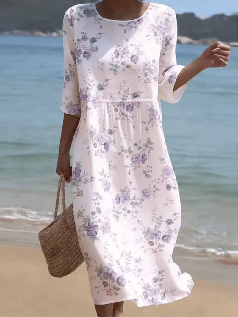 Women's Floral Print Ruched Midi Dress Crew Neck Half Sleeve