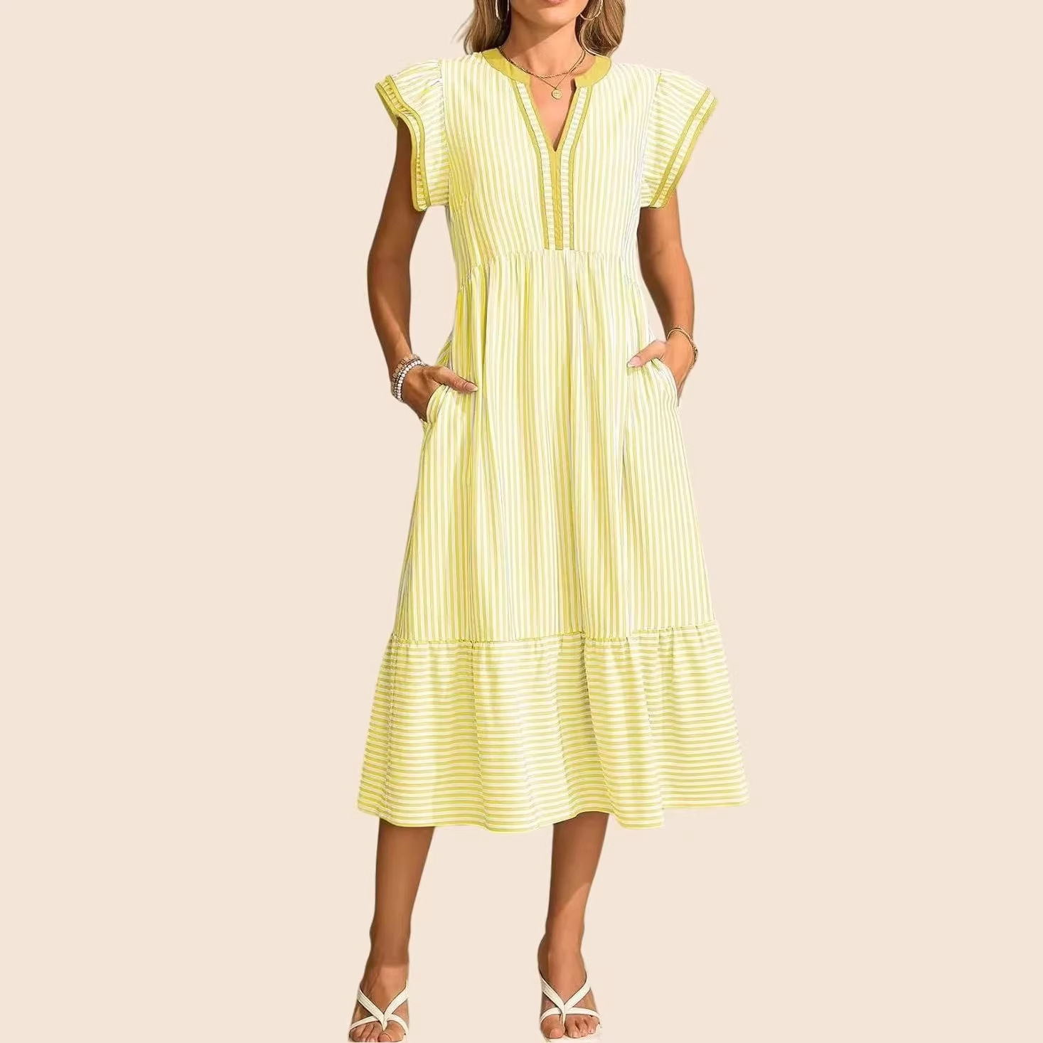 Striped Double Ruffle Short Sleeve Colorblock V-Neck Dress