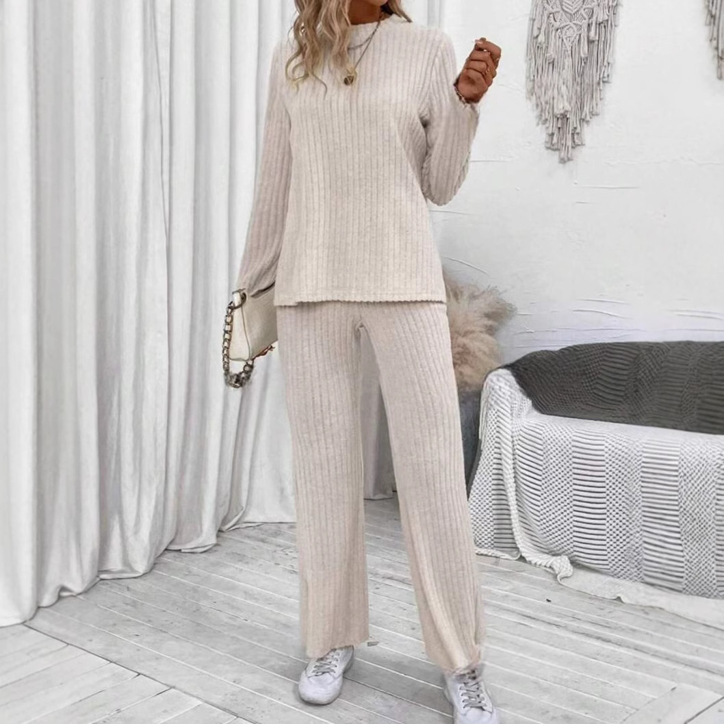 Women's Solid Color Crew Neck Long Sleeve Top and Pants Set