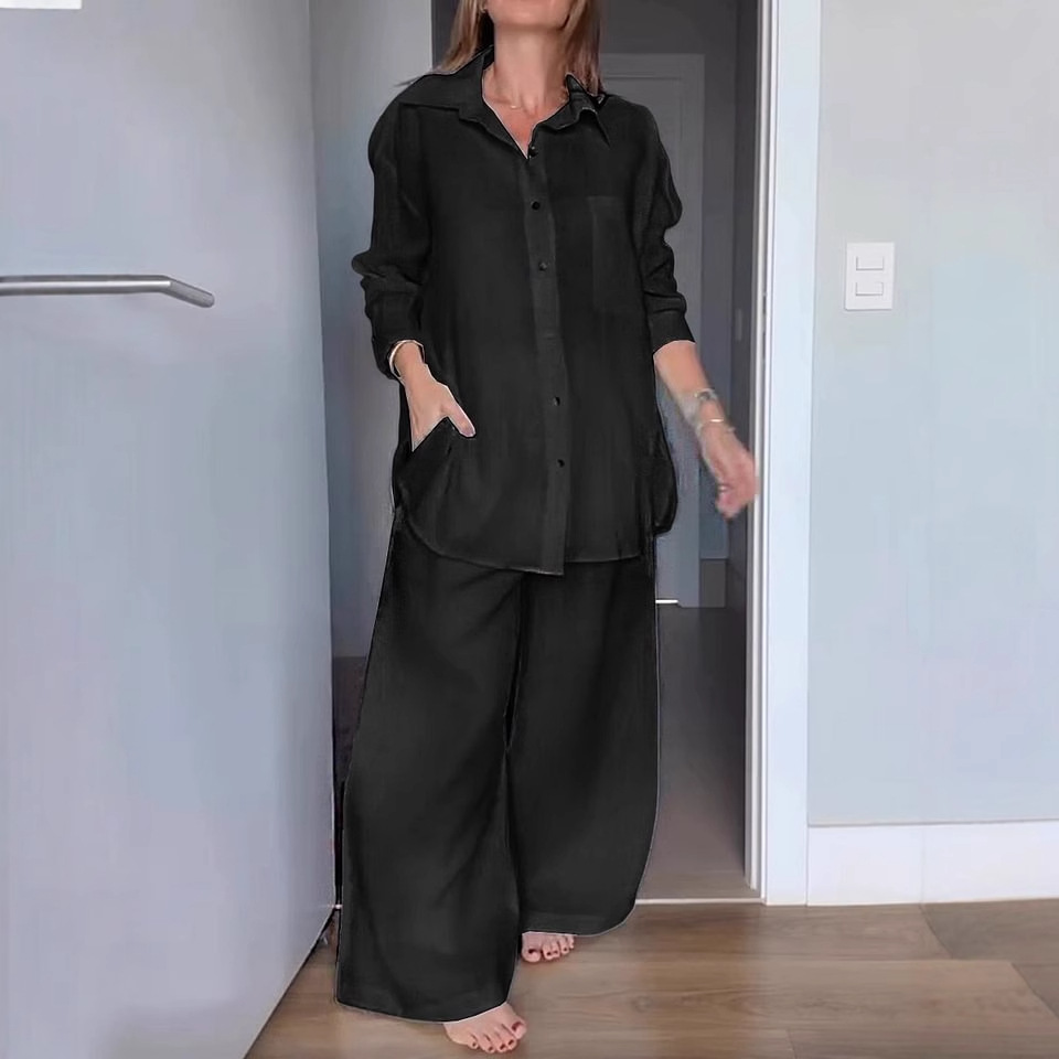 Women's Casual Linen-Blend Shirt and Pants Set with Colorblock Detail