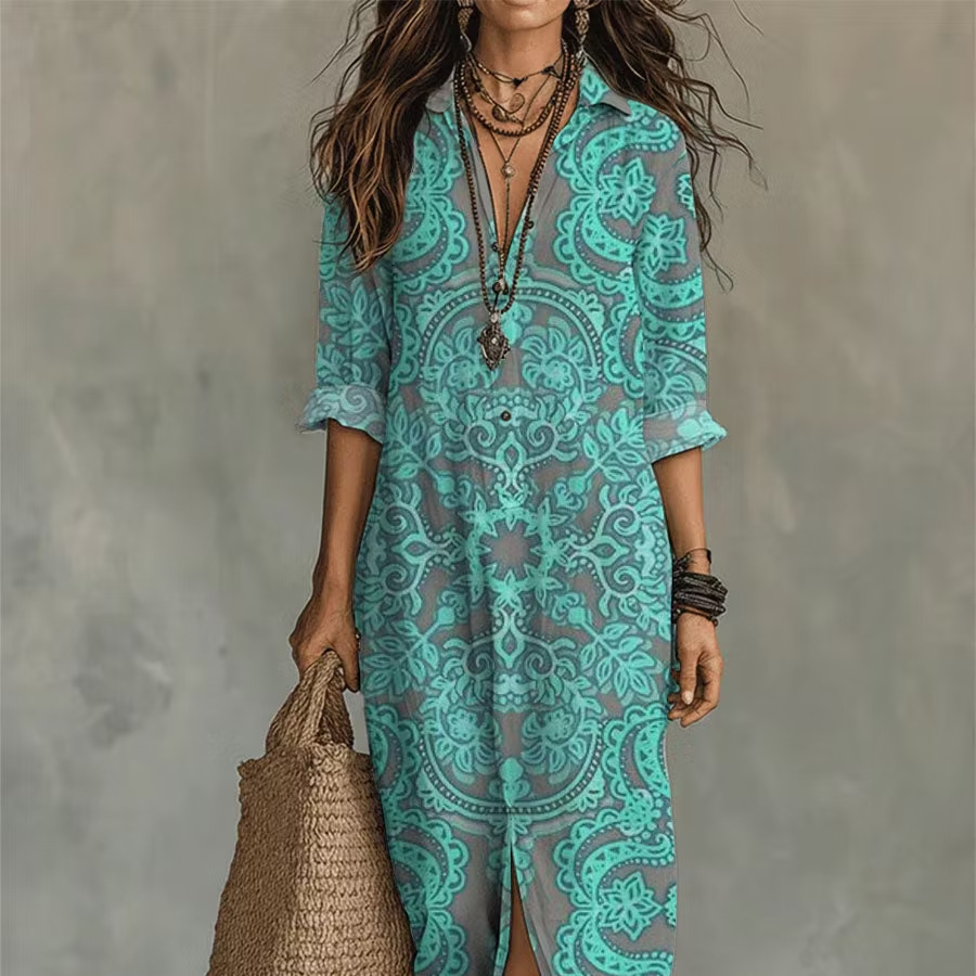 Bohemian V-Neck Midi Dress Short Sleeve A-Line Geometric Print