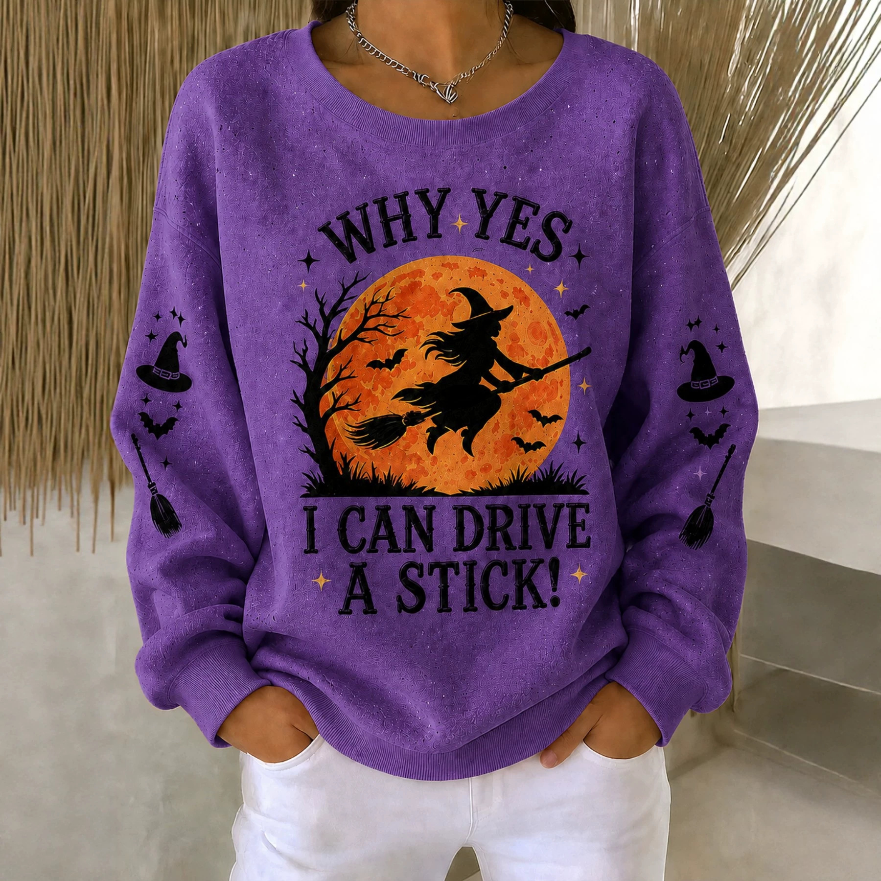 Halloween Witch Broom Flying Print Crewneck Long Sleeve Sweatshirt