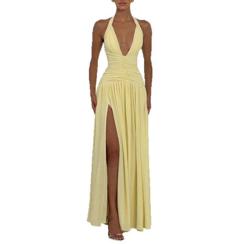 French-Style Deep V Slit Solid Color Dress