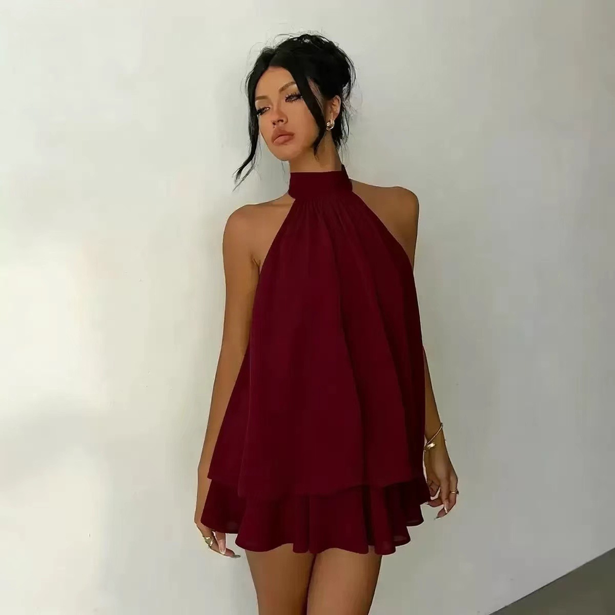 Solid Halter Neck Open Back Fitted Top Puff Skirt Mini Dress