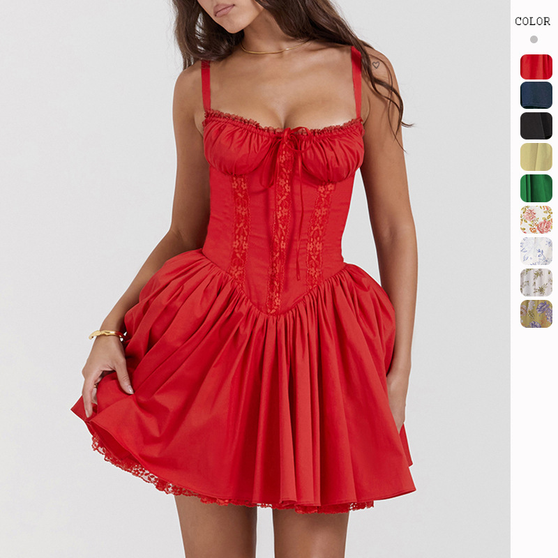 Women's Lace Panel Cinched Waist Cami Mini Dress